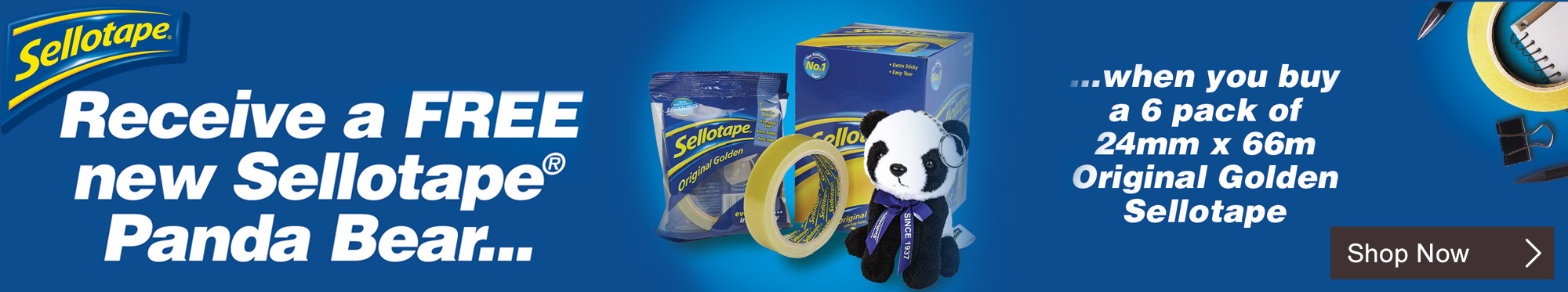 Receive a FREE Sellotape Panda Bear when you buy a 6 pack of Original Golden Sellotape