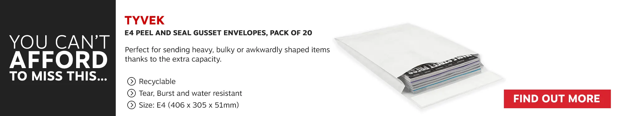 Tyvek Gusset Envelopes. Water and tear resistant and burst resistant envelopes. Size - E4 406 x 305 X 50mm.